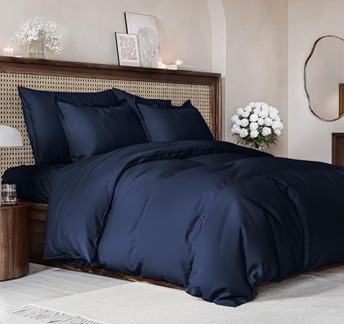 Duvet Cover Queen Size Set - Extra Soft Queen Size Duvet Cover 90 x 90 with 2 Pillow Shams - Hotel Luxury Easy Care and Fade Free w/Zipper Closures & Ties - Comfy Breathable Bedding Set (Navy Blue)