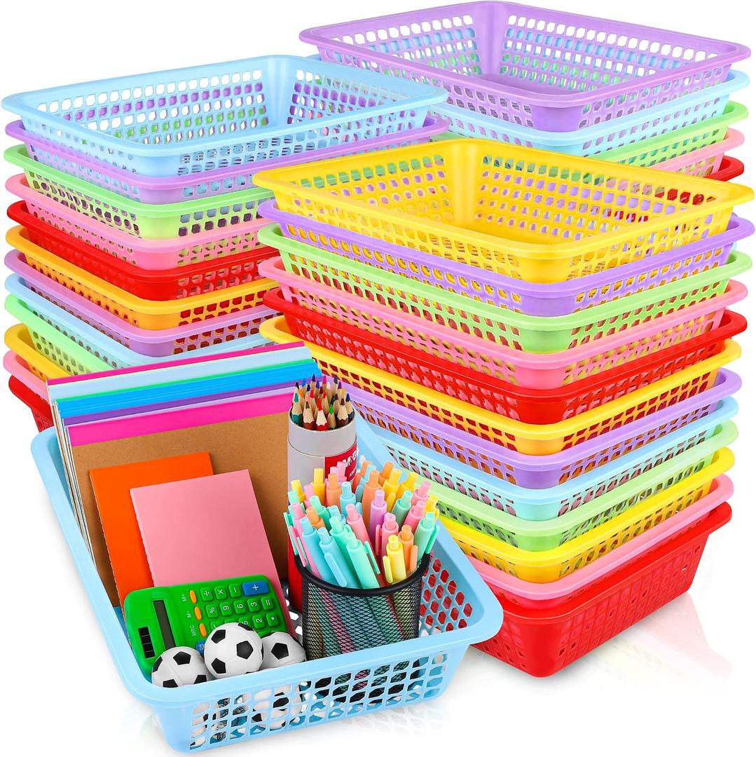 Aodaer 36 Pack Classroom Storage Baskets Bins Back to School Supplies Plastic Desktop Storage Tray 13.5 x 10 x 3 Inch Stackable Organizer Baskets Colorful Organizer Trays for Classroom Office Decor