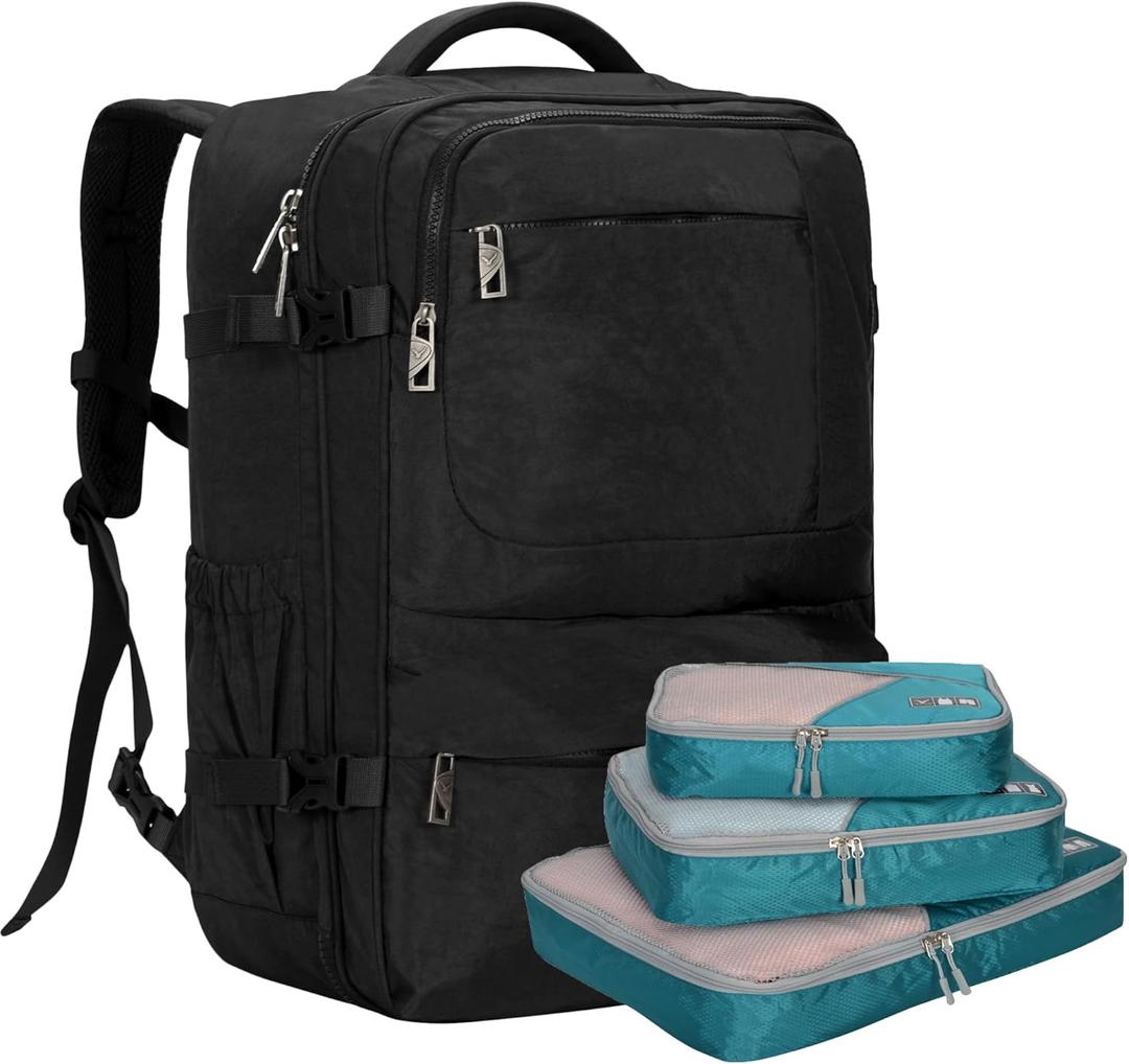 Hynes Eagle 44L Carry on Backpack Airline Approved Travel Backpack for Men Women Large Laptop Backpack 17 inch Nylon Backpack Overnight Weekender Duffel Bag Black with 3PCS Packing Cubes