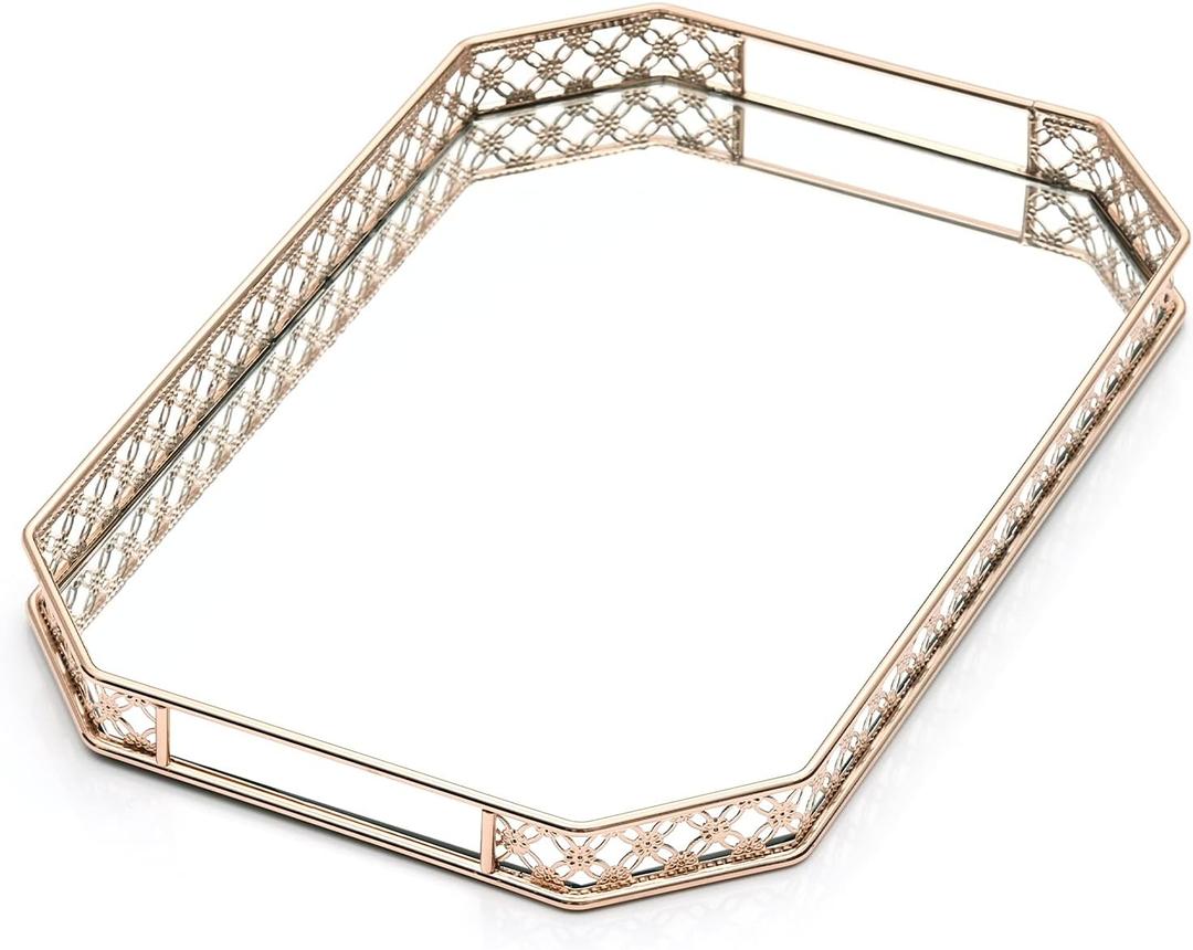 Gold Mirror Tray, Gold Vanity Tray, Perfume Tray for Dresser, Vanity Trays for Bathroom and Home Decor, 14 x 9 x 1.2 inches (Gold Mirror Tray 14 X 9 X 1.2 Inches)