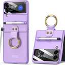 for Samsung Galaxy Z Flip 3 Case with Pen and Ring, Ultra Thin Matte Leather Anti-Drop Phone Cover with Camera Screen Protector for Samsung Galaxy Z Flip 3 5G (ZFlip3-Purple)