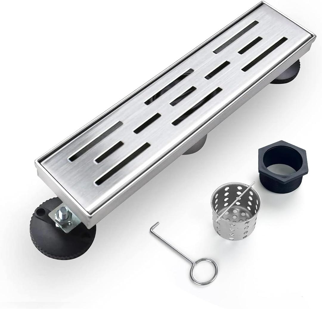 Linear Shower Drain, Shower Drain 12 inch with Bar Pattern Grate, Durable AISI 304 Stainless Steel Shower Drain, Linear Drain with Hair Strainer and Leveling Feet (12 Inch)