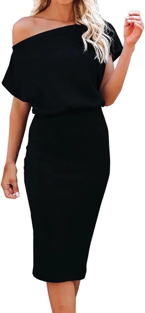 Ezbelle Women's 2025 Summer Dress Off The Shoulder Short Sleeve Ribbed Casual Party Bodycon Midi Dresses (8-10, 001 Black)