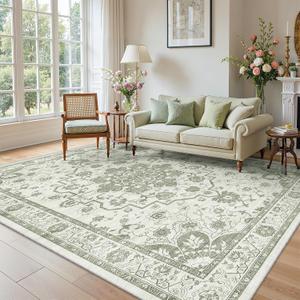 Madane 9x12 Area Rugs for Living Room, Machine Washable Vintage Green Rug with Non-Slip Backing, Soft Throw Large Rug, Thin Carpet for Bedroom Dining Room Farmhouse Under Table, Green/Ivory