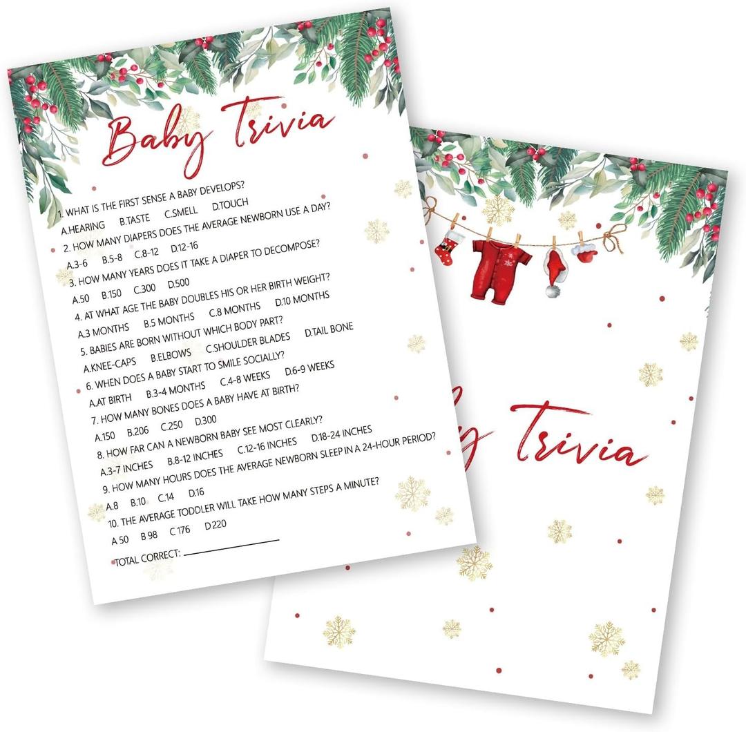 Christmas Baby Shower Games - 25 Pcs Baby Trivia Cards - Christmas Gender Reveal Games - Winter Party Decorations Favors Supplies -A02
