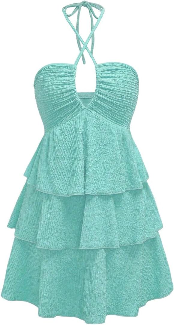Verdusa Women's Wedding Guest Babydoll Halter Dress Tiered Layered Textured Backless Flowy Short Summer Dress (Mint Green, Medium)