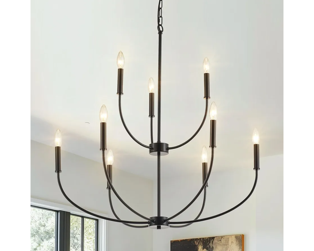 9-Light Black Chandelier for Entryway, Modern Farmhouse Dining Room Light Fixture, Industrial Candle Pendant Light for Foyer Stairway Living Room