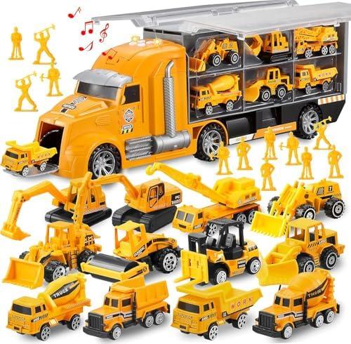 JOYIN 25 in 1 Die-cast Construction Play Vehicle Set, Vehicles with Sounds and Lights in Carrier Truck, Push and Go Car Toy, Kids Birthday Gifts for Over 3 Years Old Boys