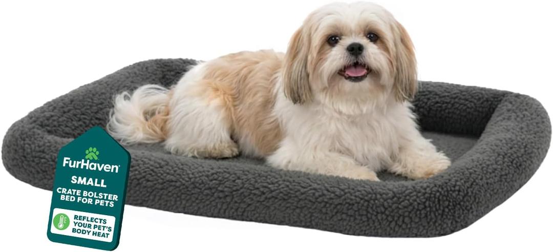 Furhaven Dog Bed for Small Dogs & Indoor Cats, 100% Washable, Sized to Fit Crates - Sherpa Fleece Bolster Crate Pad - Gray, Small