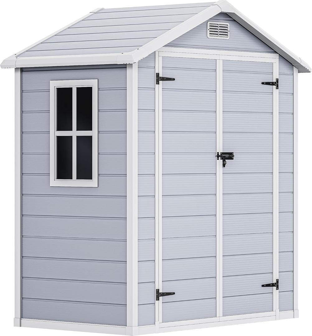 DWVO 6.x4 FT Resin Storage Shed with Reinforced Floor, Outdoor Storage Shed with Lockable Door, Window and Vents, Waterproof Plastic Tool Storage for Garden, Backyard, Patio, Lawn