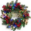 18 Inch Christmas Wreaths for Front Door, Lighted Outdoor Christmas Wreath with 40 LED Lights Timer Pine Cones for Window Fireplace Winter Xmas Decorations, Battery Operated