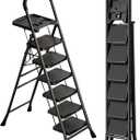 6-Step Ladder with Tool Tray,Portable Step Tool 330lb Load,Folding Anti-Slip Step Ladder with 10"x15" Anti-Slip Widen Pedals,Handrail,Safe-Lock Design Carbon Steel Step Ladder for Home Kitchen+1 (Black)