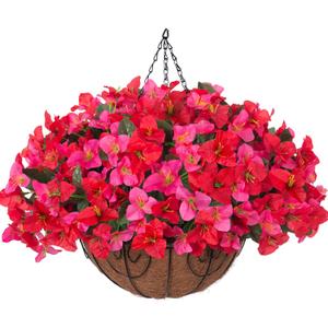 Artificial Fake Hanging Flower Plants Basket for Outdoors Spring Summer Decoration, Faux Bougainvillea Flowers in Planter Look Real UV Resistant Silk Flower for Outside Porch Patio Garden Home Decor (Hotpinkred)