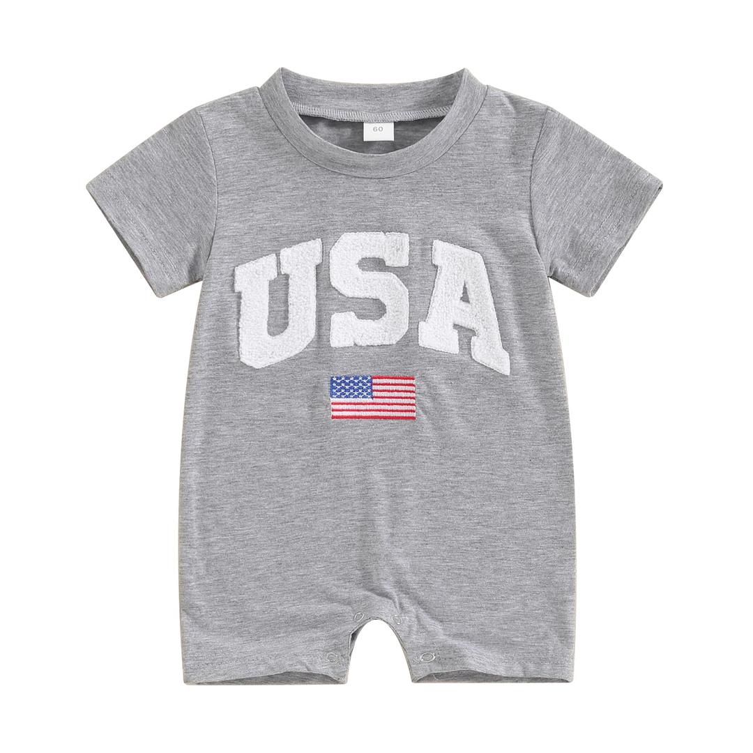 COORALLY 4th of July Baby Boy Girl Outfit Fuzzy Letter Flag Embroidery Rompers Crew Neck Short Sleeve Bodysuits (Gray, 6-12 Months) (Gray)