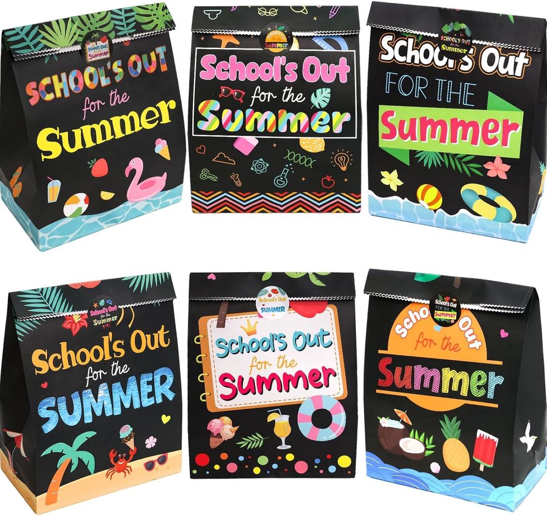 Fancy Land End of Year Party Bags 18PCS School's Out Paper Treat Bags with Stickers Summer Classroom Decoration Party Supplies