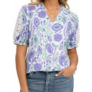 GRACE KARIN Women Boho Floral Tops, Summer Short Sleeve Shirts, V Neck Dressy Casual Blouse Work Printed 2026 Spring Trendy (Purple, M)