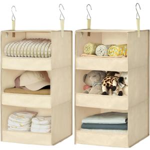 GRANNY SAYS 3 Shelf Hanging Closet Organizers and Storage, Collapsible Closet Storage Organizer with 2 Metal Hooks, Leak-Proof Hanging Shelves for Wardrobe, RV Camper, Locker, 2 Pack, Khaki
