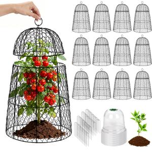 12 Pack XL Metal Garden Cloches for Plants, 17" Height Rustproof Chicken Wire Cloches for Seedlings, Vegetables & Flowers, Plant Protectors from Animals Includes 12 Humidity Domes & 48 Stakes - Black
