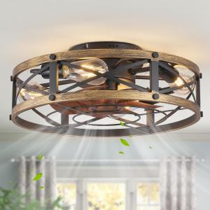 Caged Ceiling Fan with Light, Modern Fandelier Flush Mount Ceiling Fans with Lights and Remote, Farmhouse Low Profile Bladeless Ceiling Fans with Lights for Bedroom, Living Room
