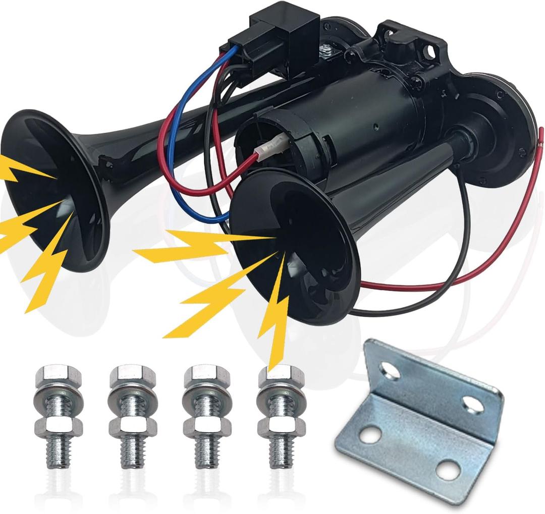 12V 600DB Air Horn Dual Trumpets, Super Loud Truck Train Horns Kit with Air Compressor for 12V SUV Motorcycle Trucks Pickup Lorries Trains Cars Boatsblack