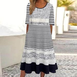 Women's Summer Casual Striped Print Pocket Crew Neck Dress Multicolor