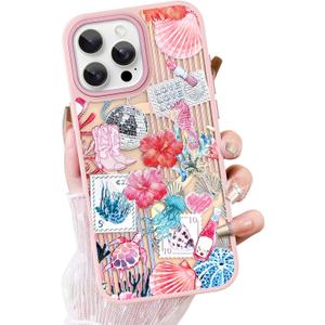 OOK Case for iPhone 16 Pro [Compatible with MagSafe], Luxury Gilded 3D Textured Pink Coastal Beach Ocean Sea Shell Floral Collage Frosted Shockproof for Women Girls Magnetic Phone Cover