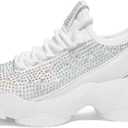LUCKY STEP Girls Rhinestone Slip On Sneakers Kids Sparkly Lightweight Tennis School Knit Jelly Sole Glitter Walking Shoes Toddler(White Rhinestone, Little Kid 12)