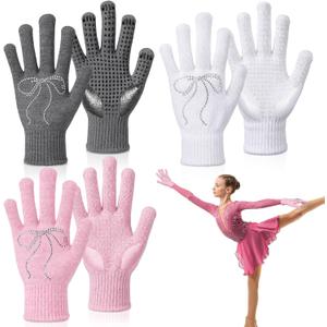 Jecery 3 Pairs Large Ice Figure Skating Gloves for Adults Winter Ice Skating Accessories with Bow Rhinestone Gel Padded Anti Slip Gloves Warm Mitten for Women Gifts