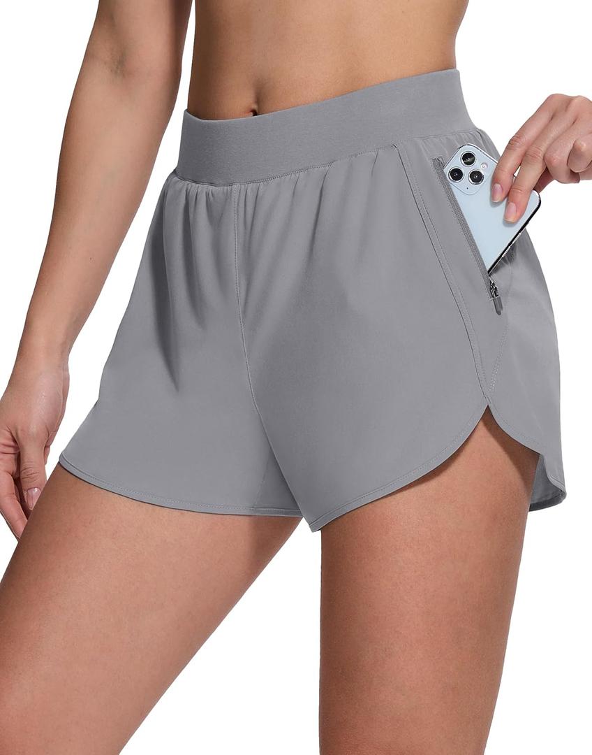 Womens High Waisted Running Shorts Quick Dry Stretch Workout Dolphin Shorts with Zip Pocket for Gym Athletic Tennis (Medium, Light Grey)