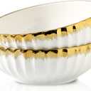LETAOTAO Serving Bowls, 10 inch Extra Large Salad Bowl Set of 2, Ceramic Bowl with Gold Trim, Kitchen Decorative Bowls Porcelain Mixing Bowls for Salad, Soup, Pasta and Dinner