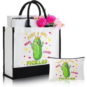 Kacctyen Pickle Gifts for Women Pickle Canvas Tote Bags Portable Cosmetic Bags Makeup Zipper Pouch and Canvas for Woman Daughter Sister Teenagers Friend Shopping Gym