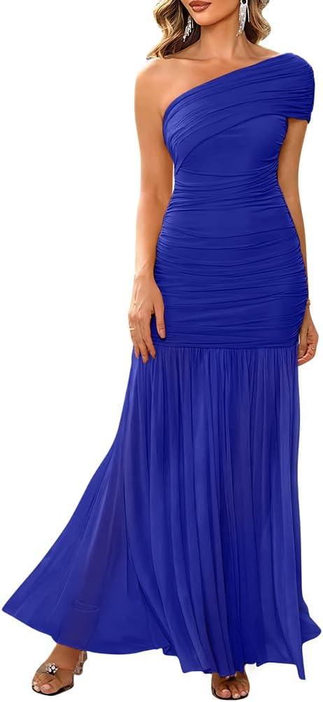 LAGSHIAN Women's Elegant Formal Long Dress One Shoulder Sleeveless Ruched Bodycon Evening Dress, L