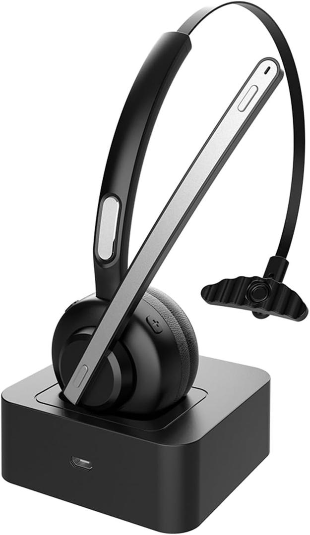 Bluetooth Headset, V5.2 Trucker Wireless Headset with Noise Cancelling Microphone & Charging Base for iPhone Samsung Cell Phone