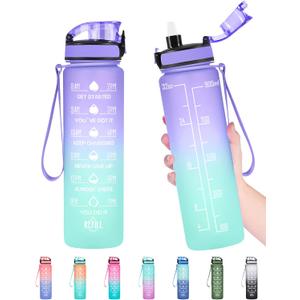 Enerbone Water Bottle, Leakproof BPA & Toxic Free, Motivational Water Bottle with Times to Drink and Straw, Fitness Sports Water Bottle with Strap for Office, Gym, Outdoor Sports (32 Ounces, Light Purple Green)