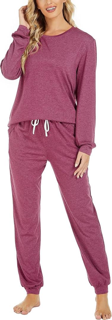 LOCUBE Women's Pajama Set Long Sleeve Top and Drawstring Pants with Pockets, Soft Stretchy Comfy Loungewear Sleepwear (Large)