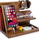 TESLYAR Wood Phone Docking Station Ash Key Holder Wallet Stand Watch Organizer Men Husband Wife Anniversary Dad Birthday Nightstand Purse Father Graduation Male Idea Gadgets (Beige)
