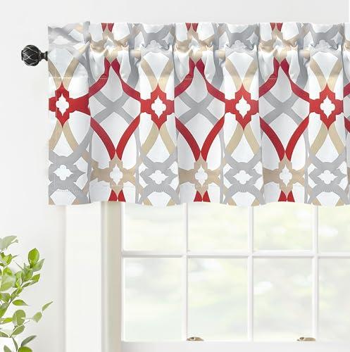DriftAway Alexander Blackout Valances for Windows Thermal Insulated Kitchen Topper Geometric Moroccan Mid Century Pattern Match Thick Bathroom Curtain Valance Rod Pocket 52 Inch by 14 Inch Red/Gray