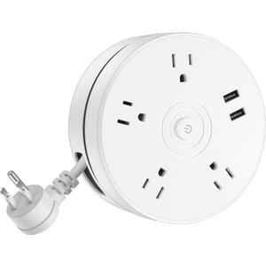 Retractable Power Strip with 6ft Extension Cord, 4 Outlets + 2 USB Ports - Portable for Travel, Home, and Office (White)