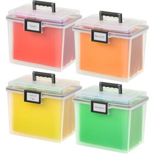 IRIS USA File Box WeatherPro Portable File Organizer Plastic File Box for Letter File w/Organizer-Lid, Durable Lid and Gasket Seal, Secure Latching Buckles, Stackable, Lockable, Clear 19 Qt. 4 Pack
