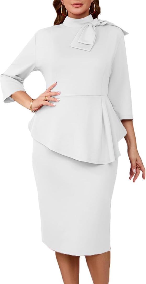 Plus Size Dress for Curvy Women Semi Formal Cocktail Party Midi Dress Bodycon Long Sleeve Bow Ruffle Pencil Dresses (XX-Large Plus, 5427-5 White)