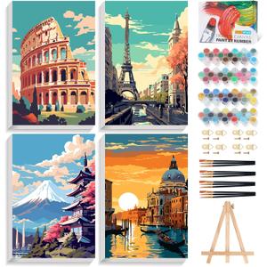 Offito 4 Pack Framed Paint by Numbers Kit for Adults Beginners with Wooden Easel, Landscape Easy Paint by Number Kit with Frame, Watercolor Adult Paint by Number Framed Canvas (8 * 12 Inch)