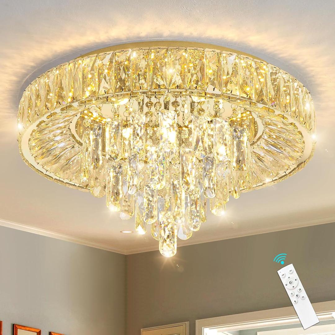 Modern Crystal Chandeliers for Dining Room LED Light Fixture Close to Ceiling Chandelier Flush Mount Ceiling Light Dimmable Lamp with Remote for Living Room Bedroom Hallway