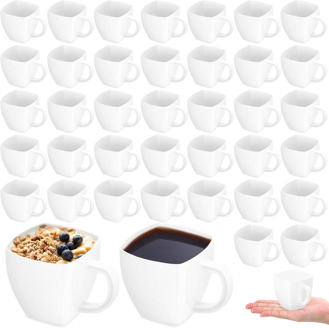 Amyhill 100 Pcs 5 oz Disposable Tea Cups Bulk with Handle Mini Hard Plastic Coffee Mug Square Disposable Espresso Cups for Tea Party Wedding Catering Dessert Sampling (White)