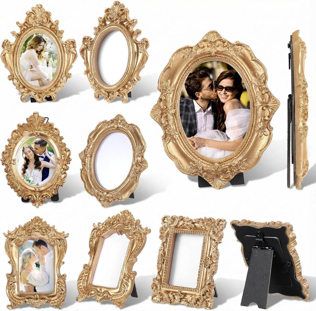 10 Pcs Gold Mini Picture Frames with Stands, Tiny Vintage Picture Frames Oval/Rectangle Mini Baroque Resin Frame for Tabletop Display, Wall Decor, Vintage Home, Wedding