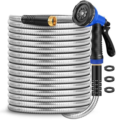 Garden Hose 50 ft, Stainless Steel Metal Hose, Flexible Water Hose with 10 Function Nozzle, Kink Free, Leak-Proof, Heavy Duty Hose for Yard, Outdoor, Lawn, RV, Car Wash and Camper Use