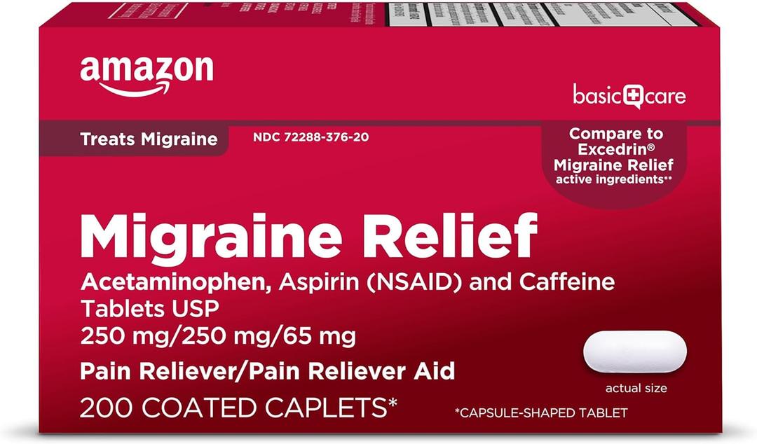 Amazon Basic Care Migraine Relief Acetaminophen, Aspirin (NSAID) and Caffeine Tablets, Pain Reliever/Pain Reliever Aid, 200 Count