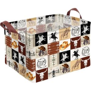 Western Cowboy Storage Basket Waterproof Canvas Toy Storage Bin Western Home Decor Collapsible Outdoor Basket with Leather Handles Western Decor Blanket Baskets For Closets,Bedrooms,Gifts Baskets