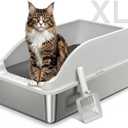 Stainless Steel Cat Litter Box, Extra Large XL Odor Free Metal Litter Box with High Sides Lid, Open Top Litter Pan Include Scoop Easy Cleaning Kitty Cat Box Anti-Urine Leakage, Non-Sticky