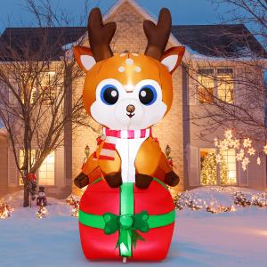 GOOSH 6 FT Christmas Inflatables Deer Outdoor Decorations Blow Up Yard Deer on a Box with Built-in LEDs for Party Indoor Garden Lawn Decor