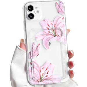2 x NITITOP Compatible with iPhone 12 Case with Card Holder Clear Cute Floral Lily Flowers Butterfly for Women Girls Soft TPU Shockproof Wallet Case Protective Phone Cover - Pink